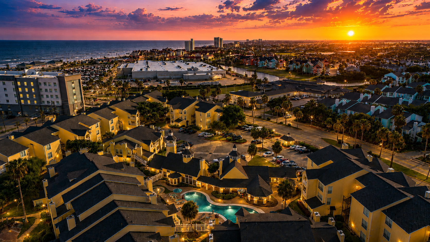Aerial view of a multifamily community with pool, amenities and surrounding neighborhood at sunset