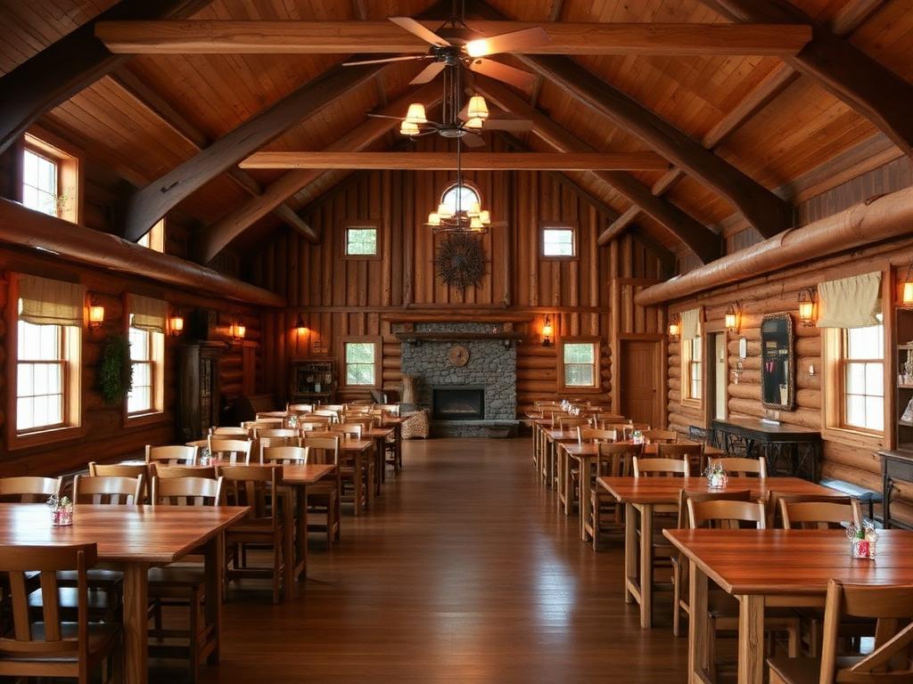 Campground dining hall interior with wooden tables