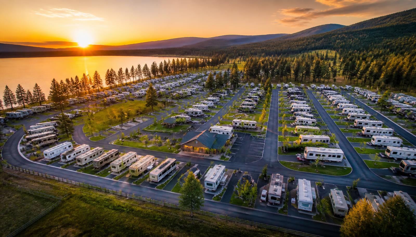 Aerial view of a campground and RV park at sunset