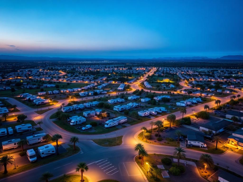 Aerial twilight view of an RV resort community