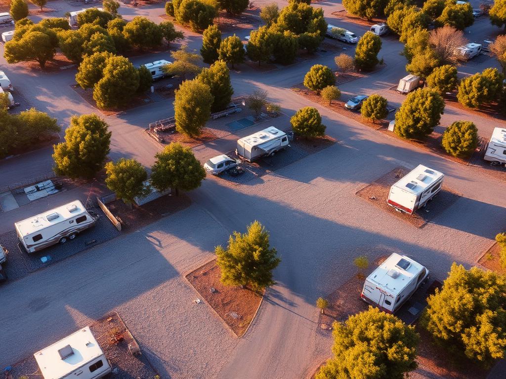 Aerial view of RV park sites and hookups