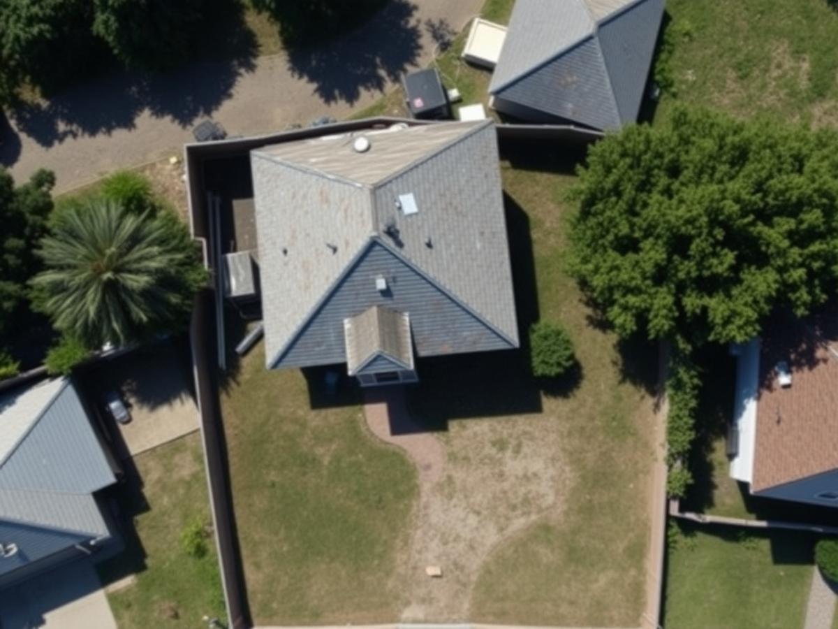 Aerial view of a distressed house lot and roof
