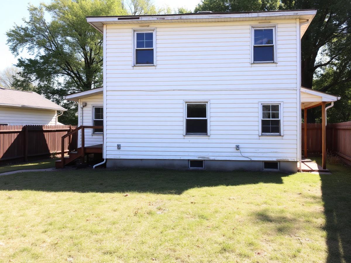 Rear exterior and backyard of a vacant house