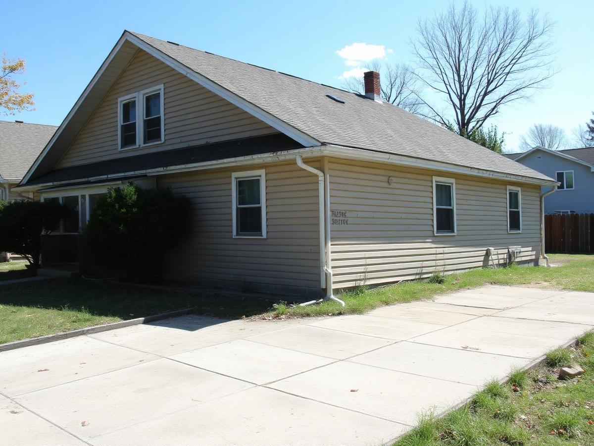 Side angle view of a distressed house and driveway