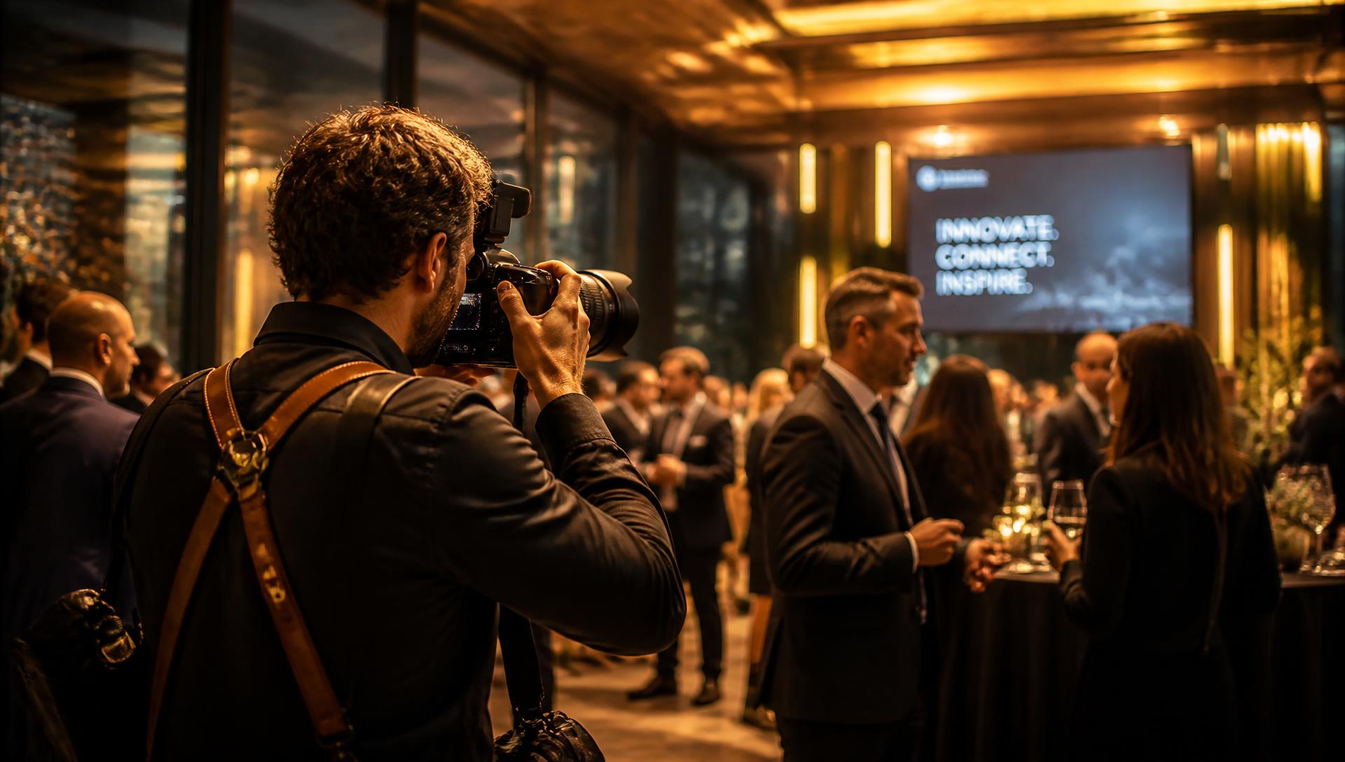 Photographer covering an elegant evening event with warm golden lighting