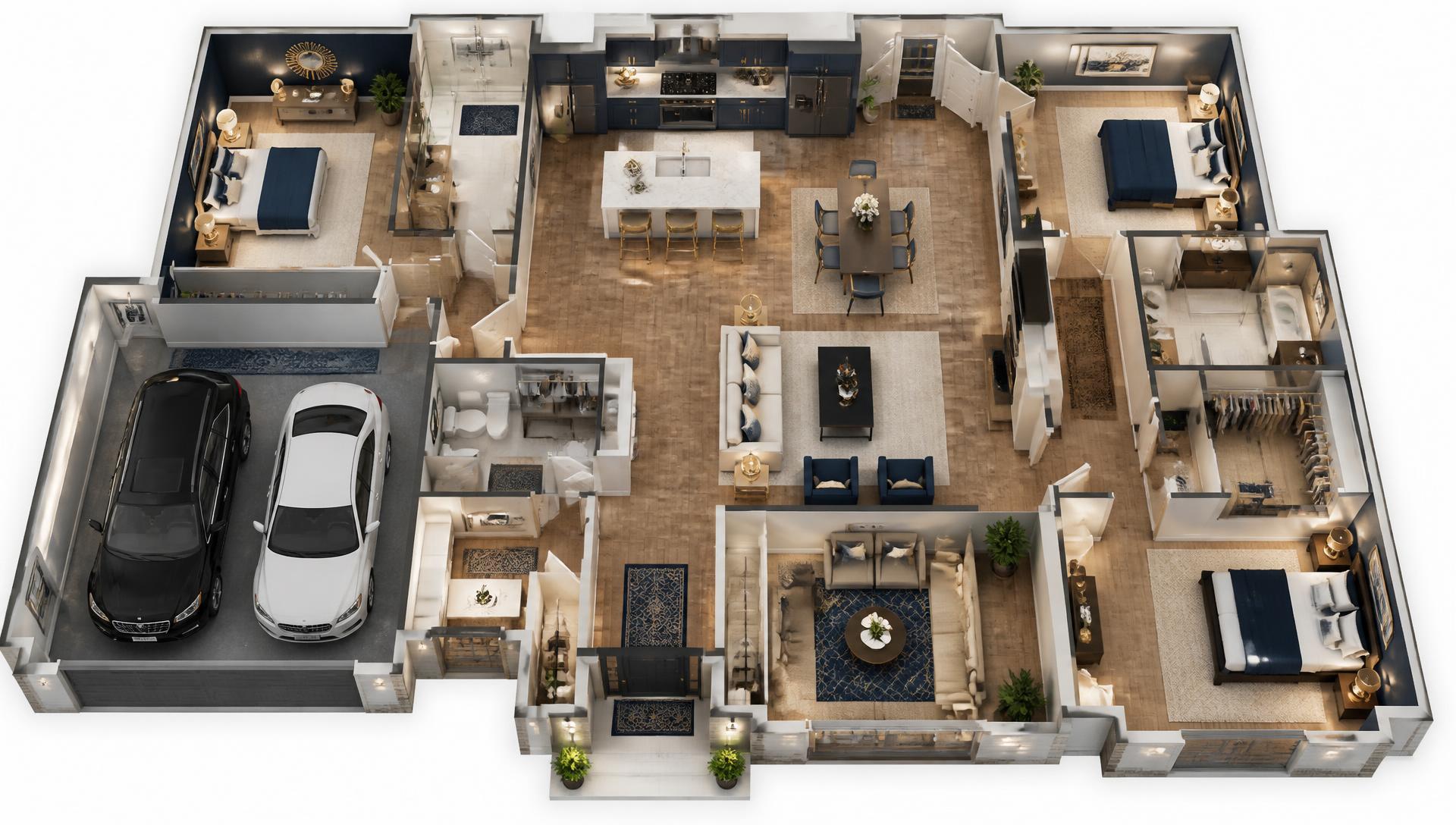 3D floor plan rendering of a modern furnished property seen from above