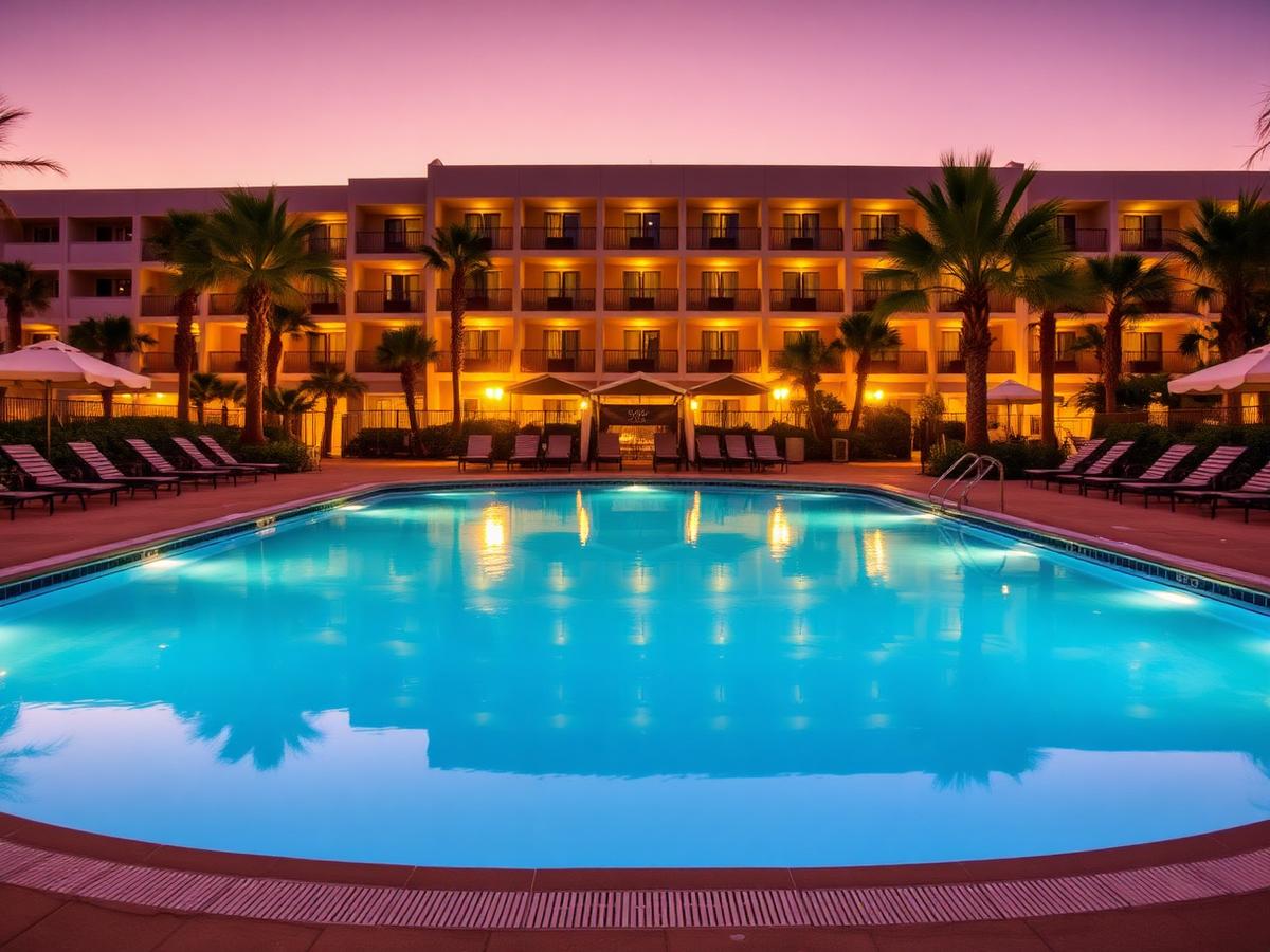 Resort swimming pool at dusk