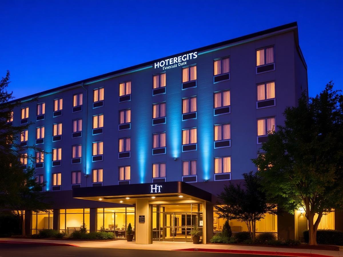 Hotel exterior illuminated at twilight