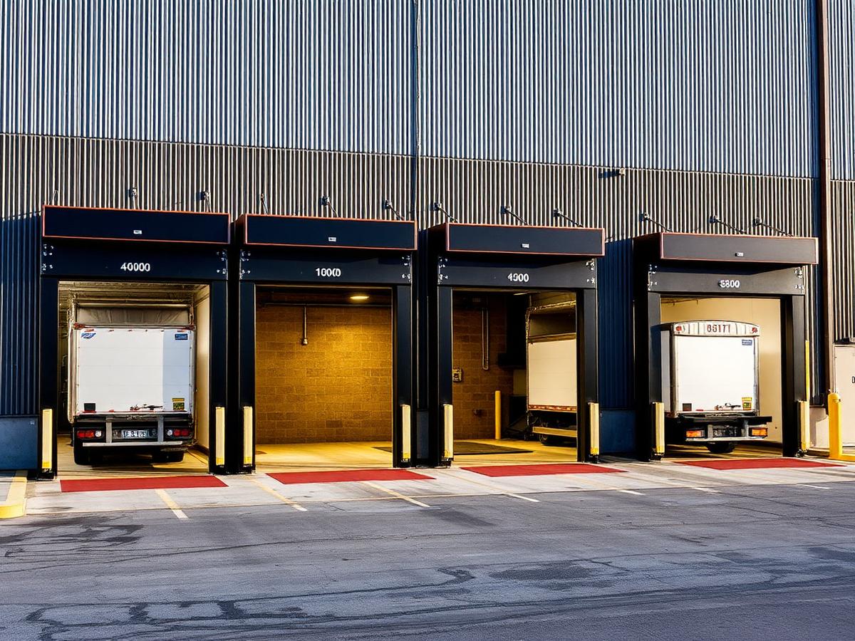 Warehouse loading dock doors with truck bays
