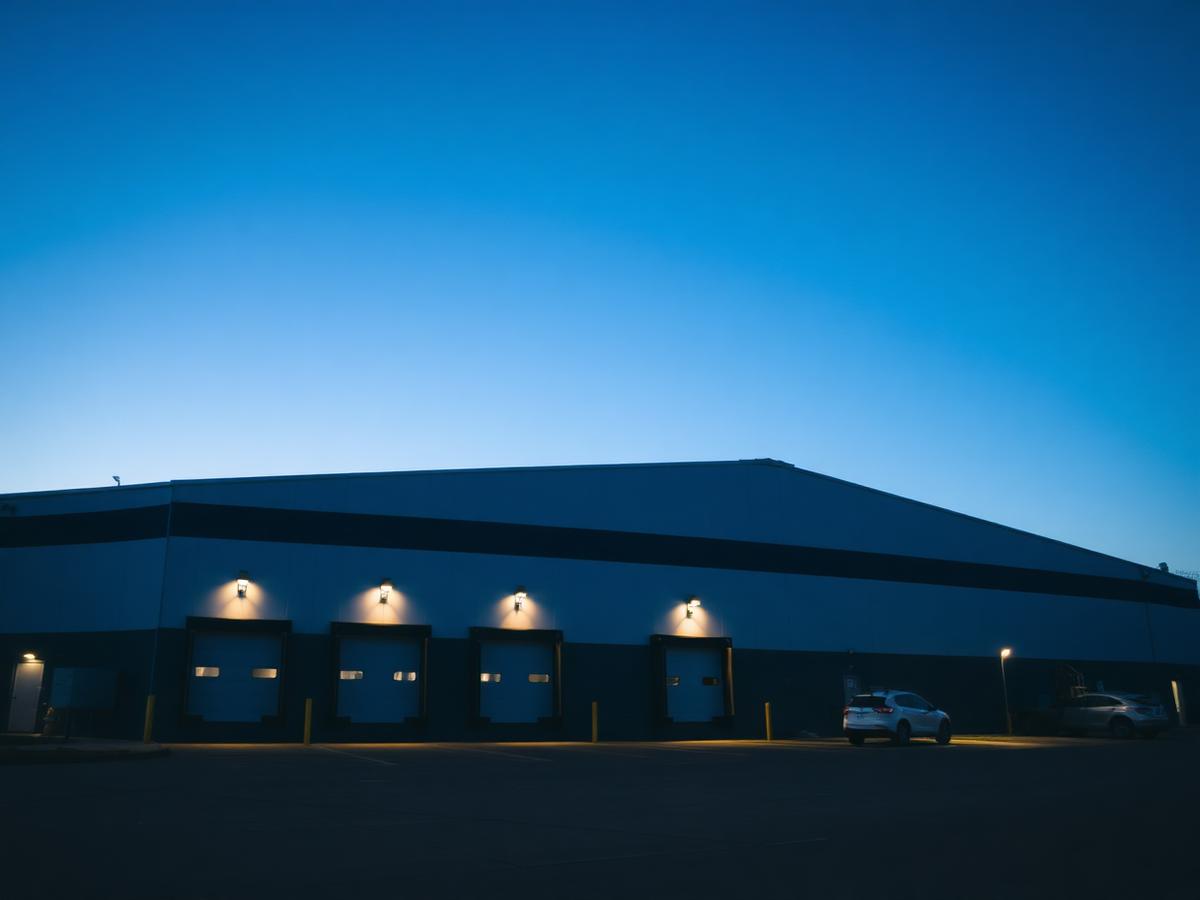 Industrial warehouse at twilight with lit dock doors