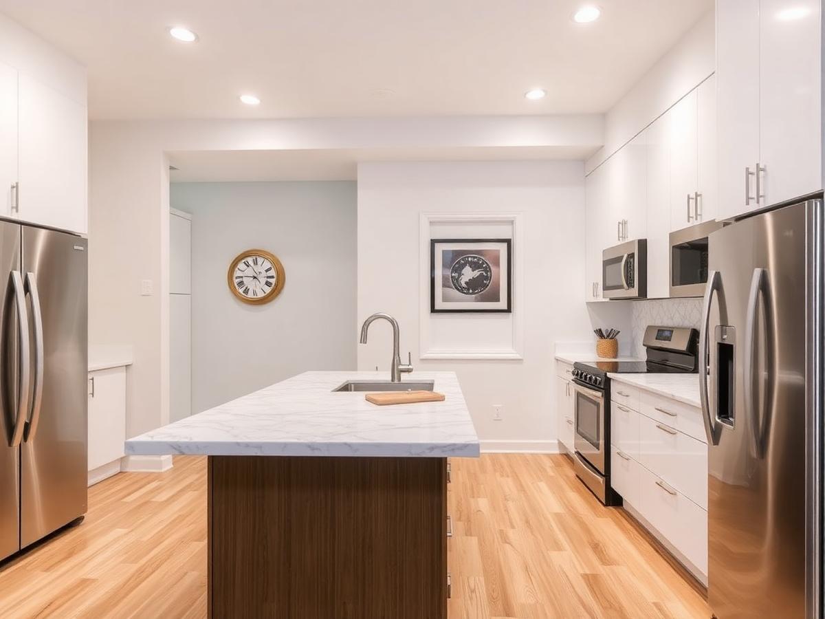Modern apartment kitchen with quartz island
