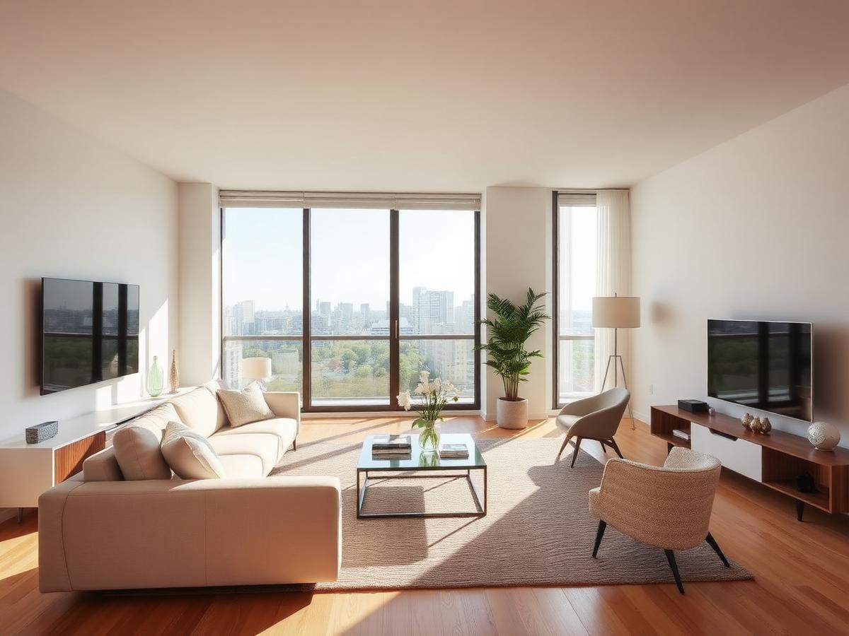 Bright staged apartment living room with large windows
