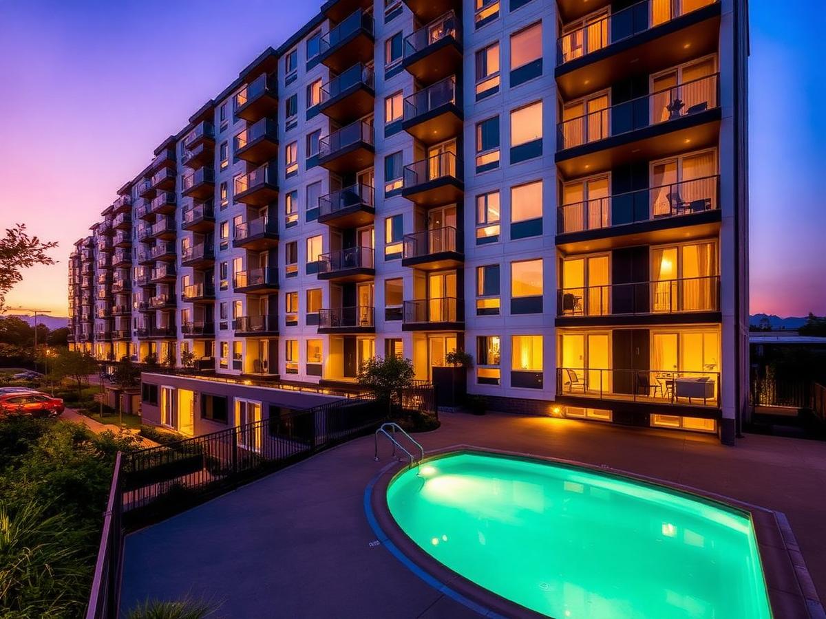 Apartment building at twilight with warm lit windows
