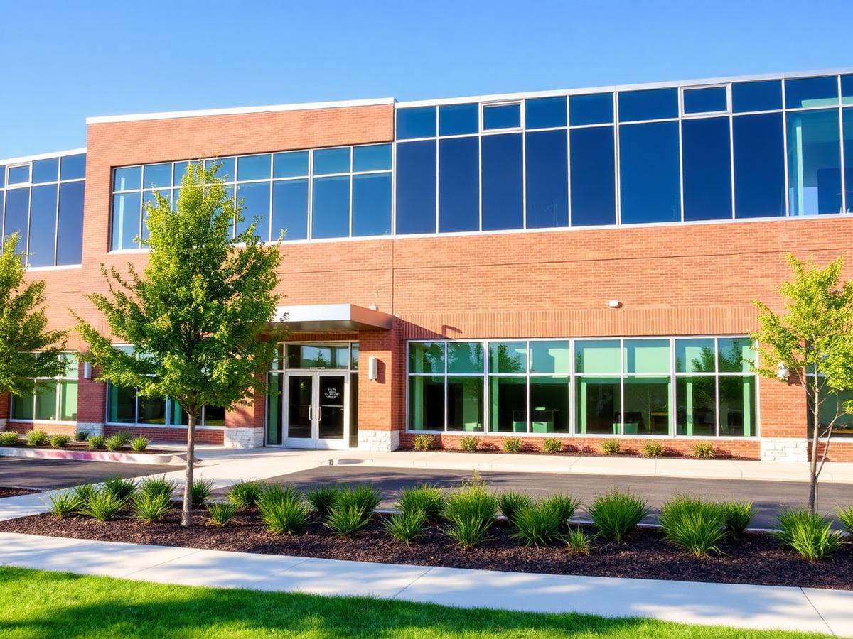 Brick and glass office building entrance