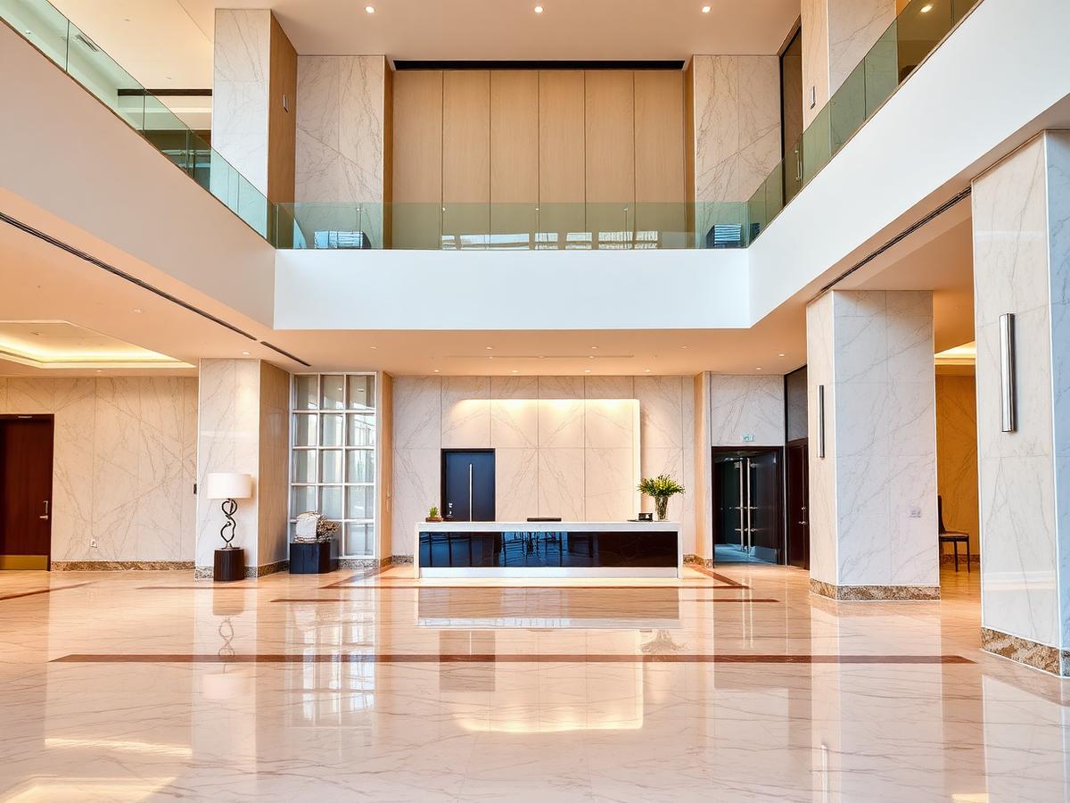 Corporate lobby with seating and natural light
