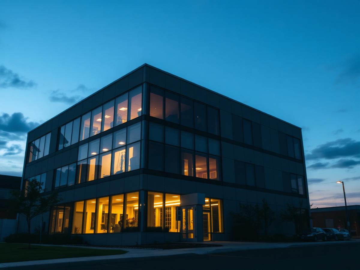 Commercial building facade at twilight