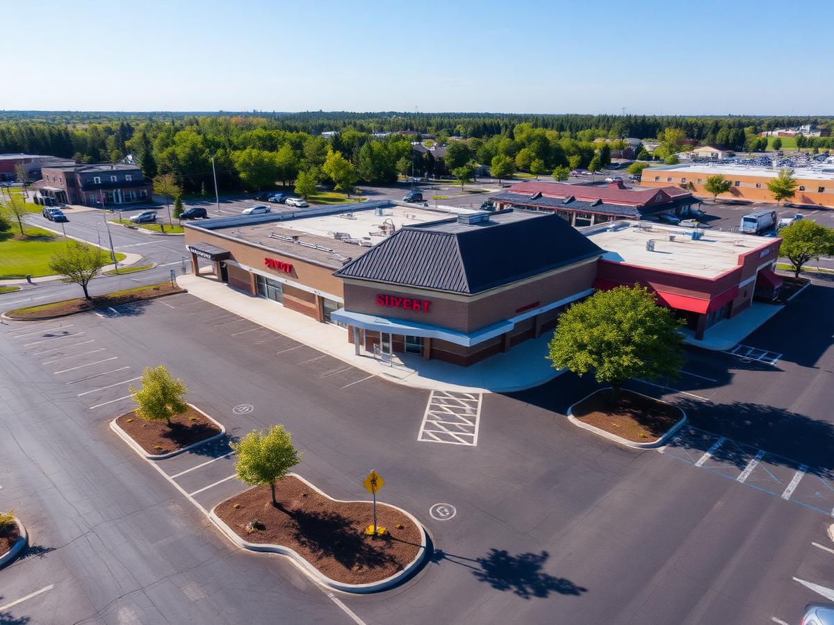 Aerial view of a retail strip mall and parking lot