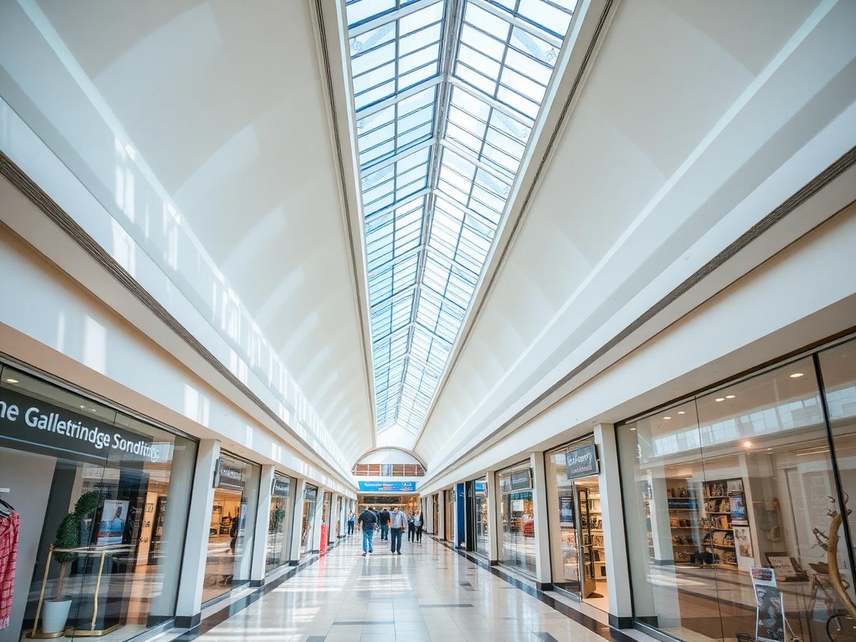 Indoor shopping mall concourse with skylights