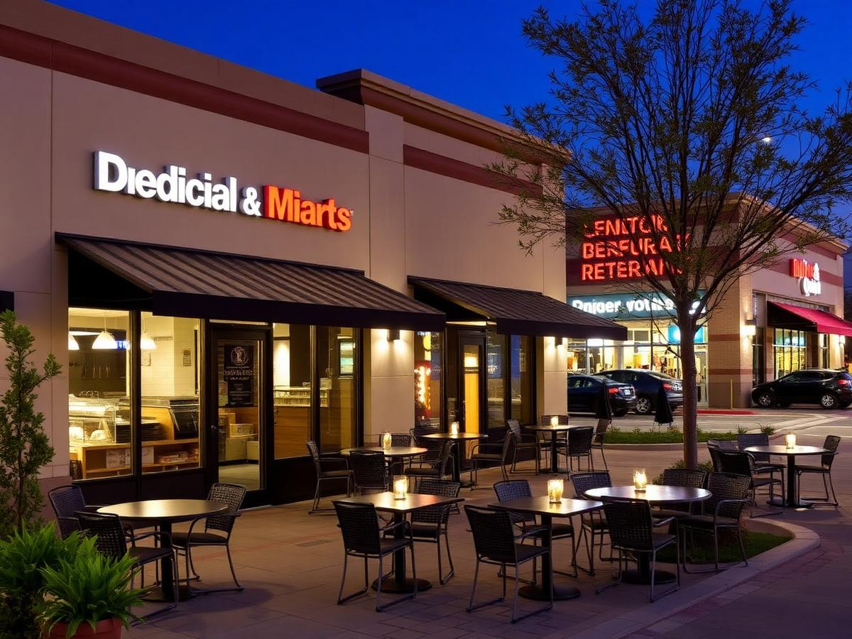 Retail plaza patio seating in the evening