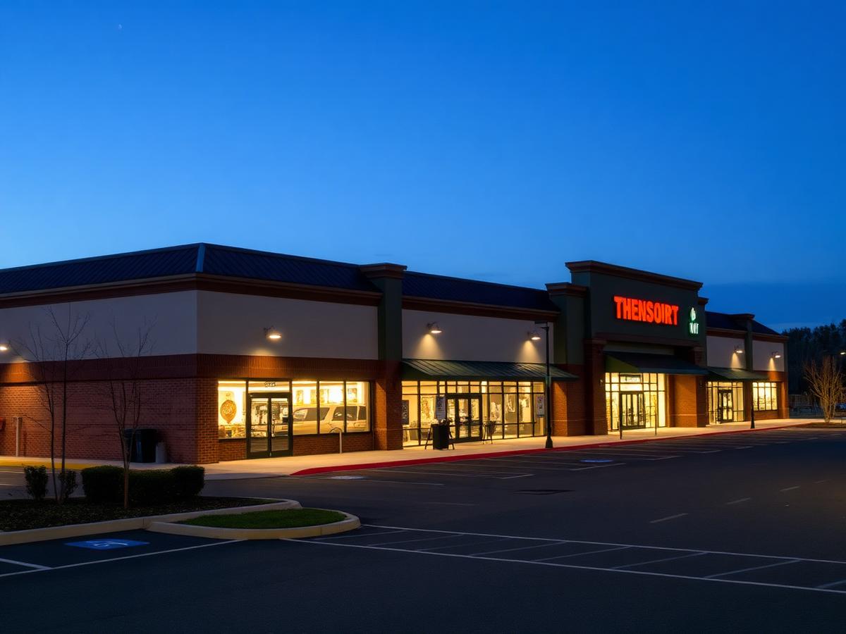 Retail center at twilight with lit signage