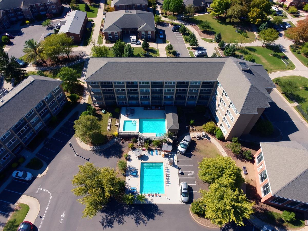 Aerial view of a student housing complex near campus