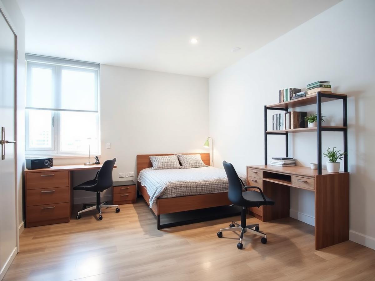 Furnished student apartment bedroom with desk