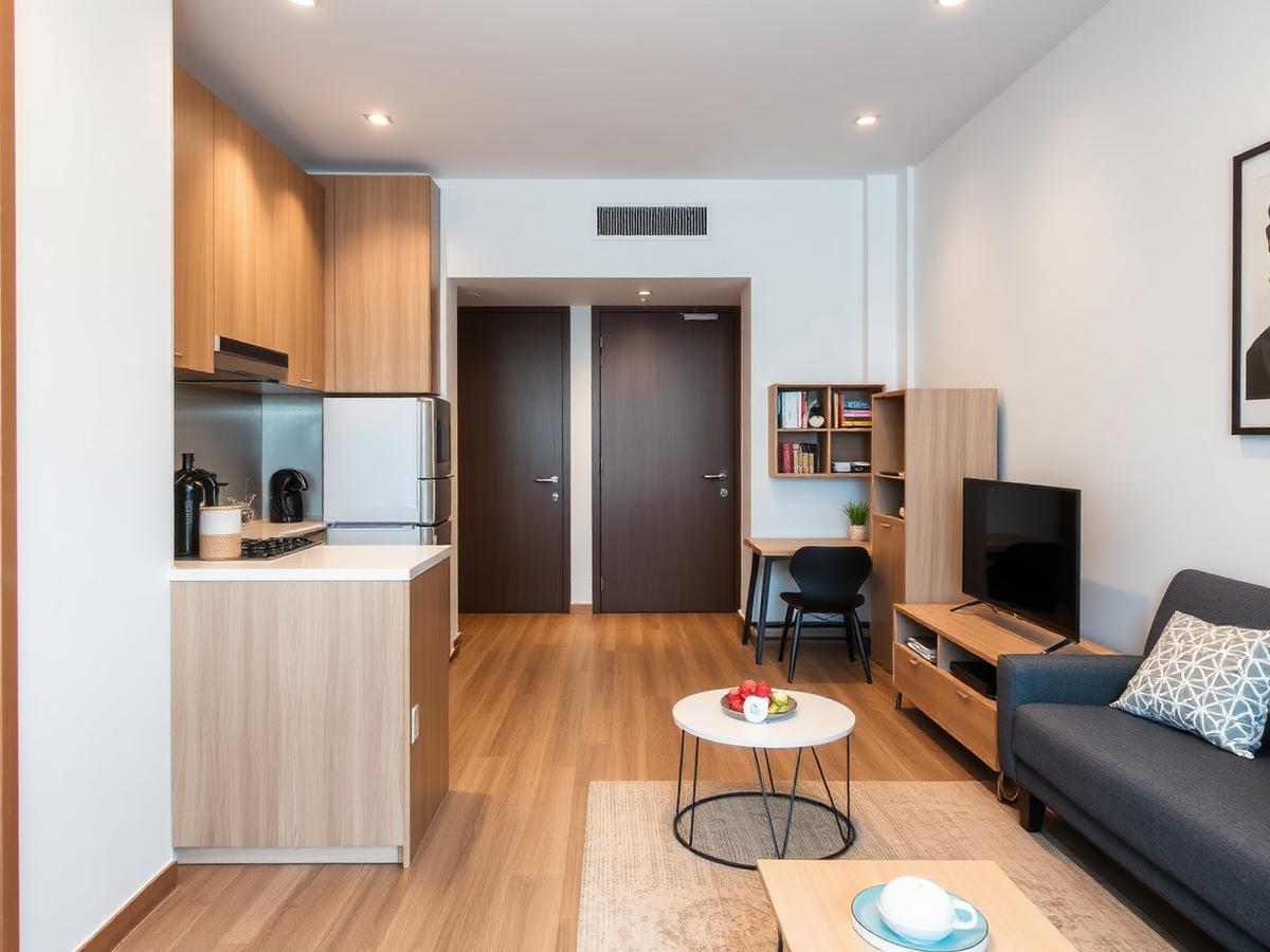 Furnished student apartment kitchen and living area