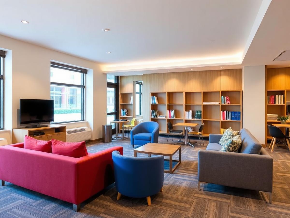 Student housing common lounge with study seating