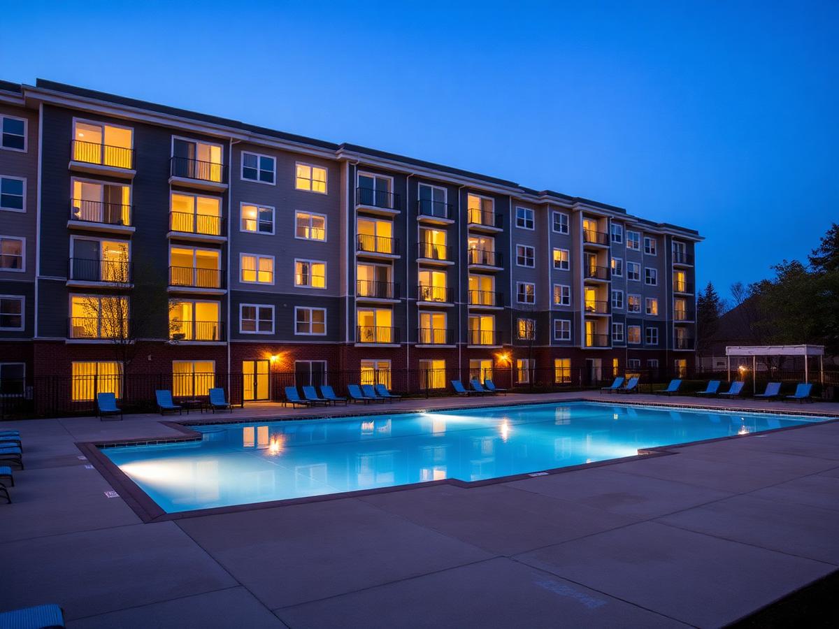 Student housing building at twilight with lit pool deck
