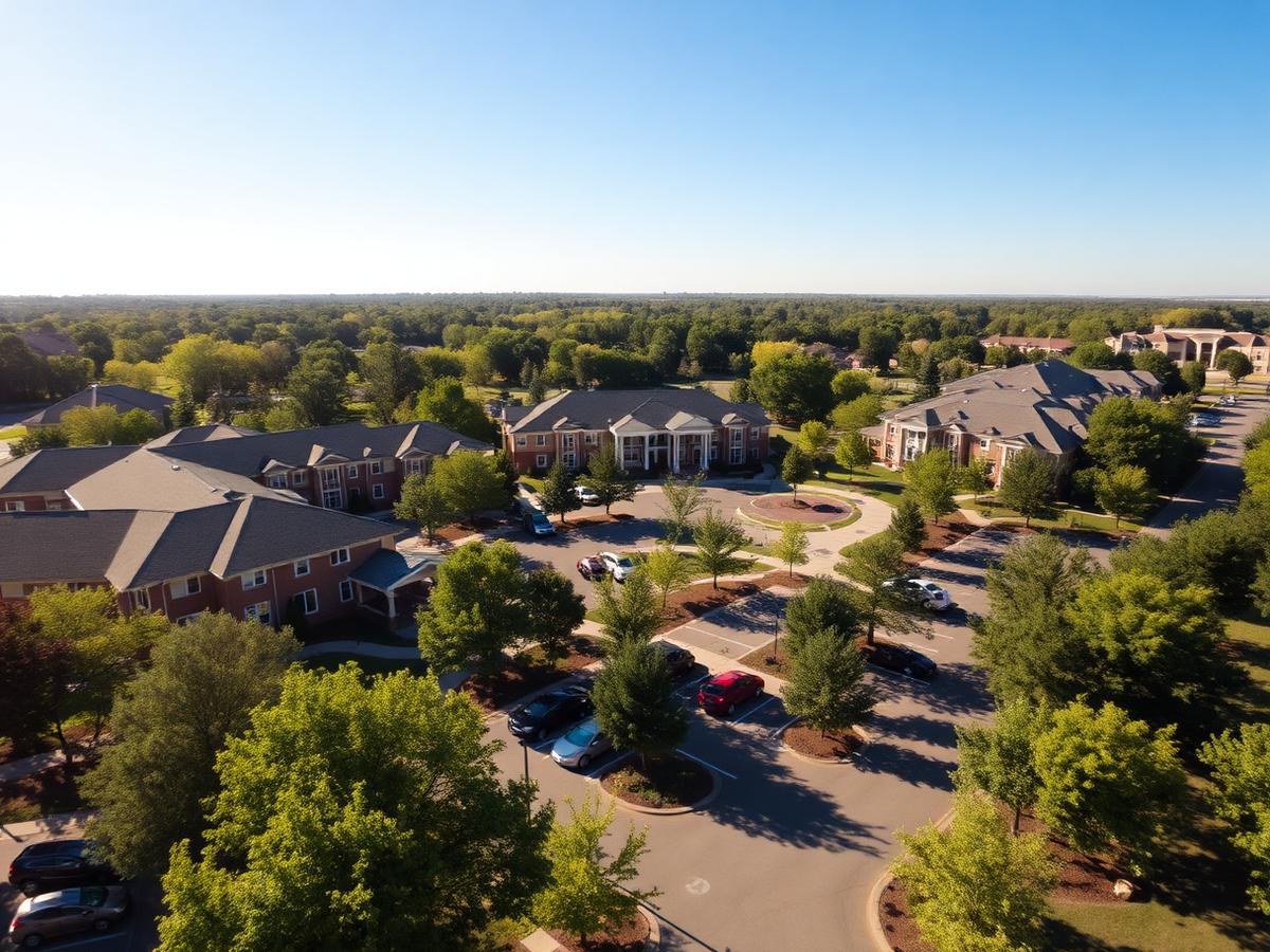 Aerial view of a senior living community campus