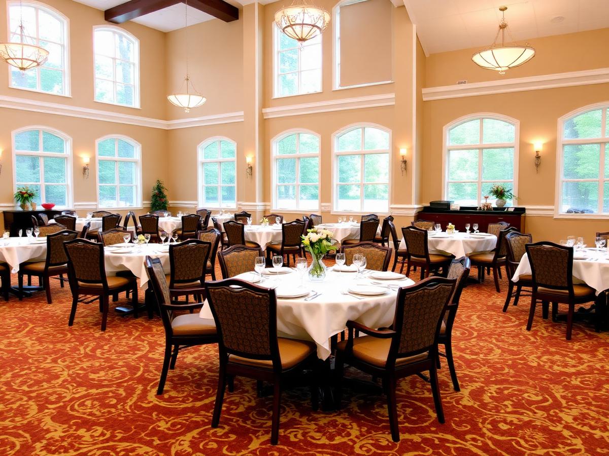 Senior living community dining hall with set tables