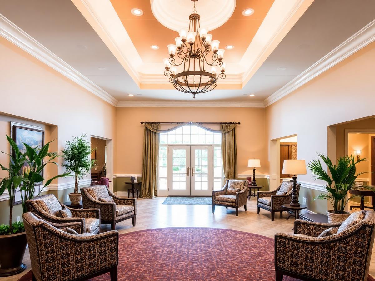 Elegant senior living community foyer with chandelier