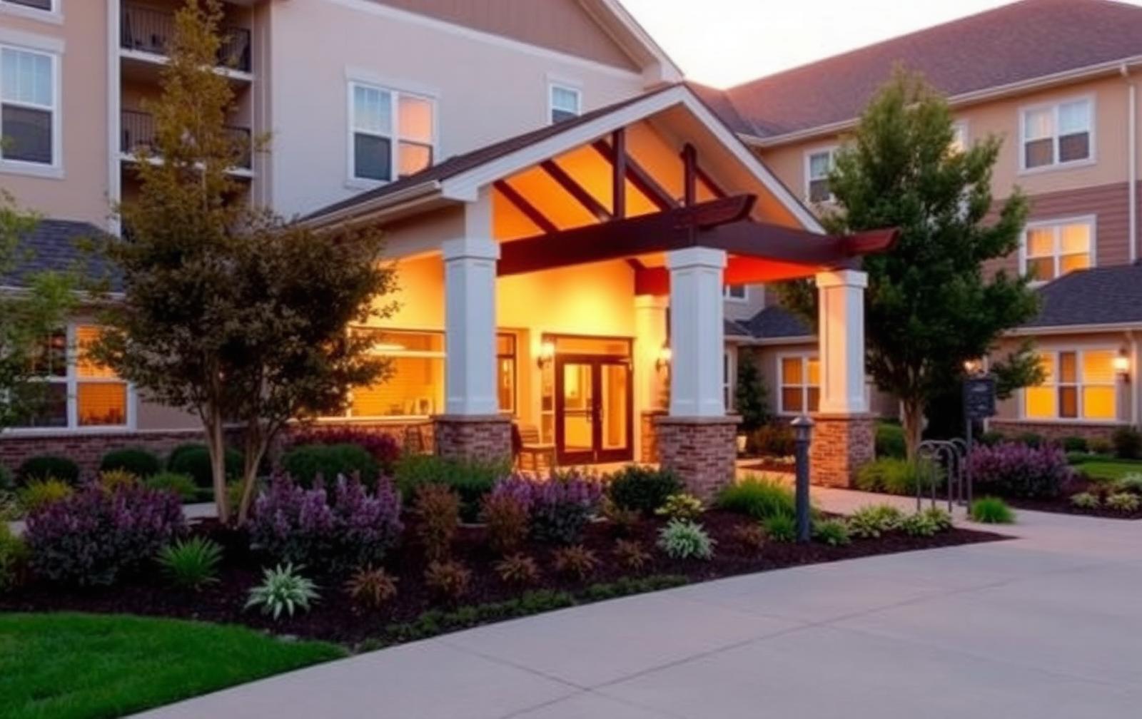 Professional senior living community photography at golden hour