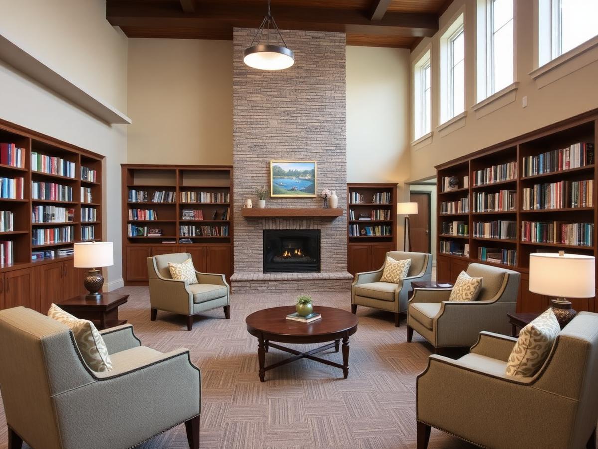 Senior living community lounge with fireplace
