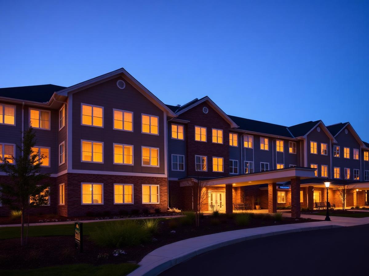 Senior living community exterior at twilight