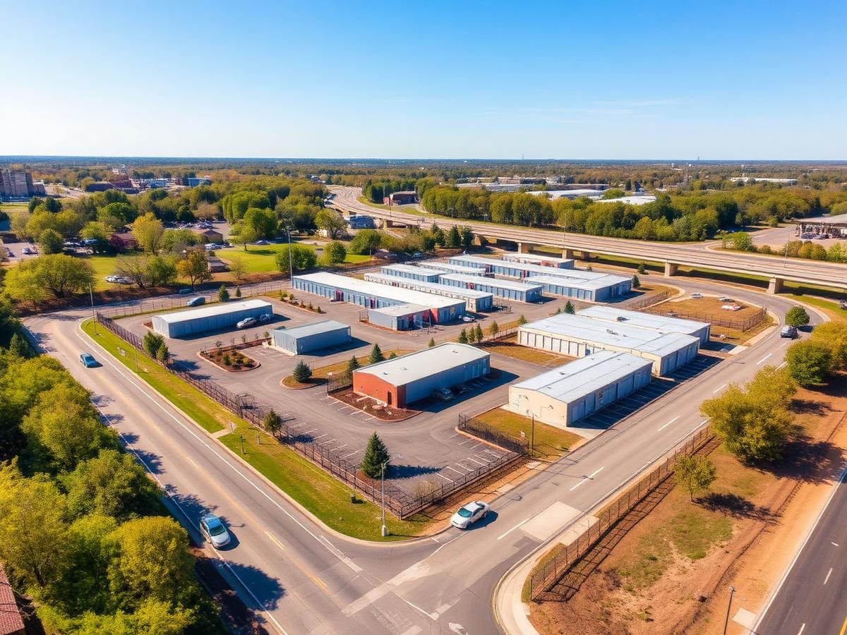 Aerial view of a self-storage facility complex with highway access