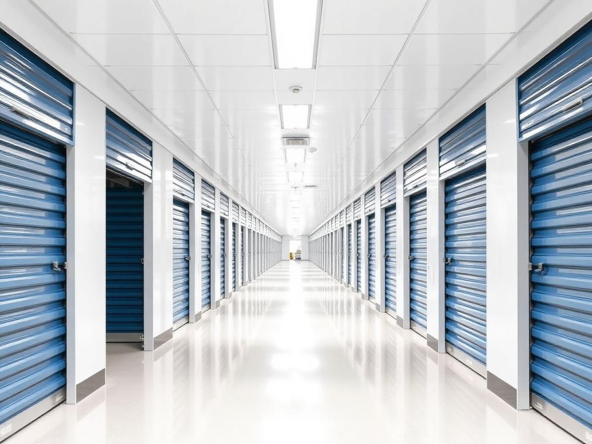 Bright interior hallway of a climate-controlled storage facility