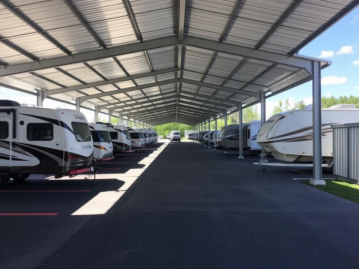 Covered RV and boat storage spaces at a storage facility