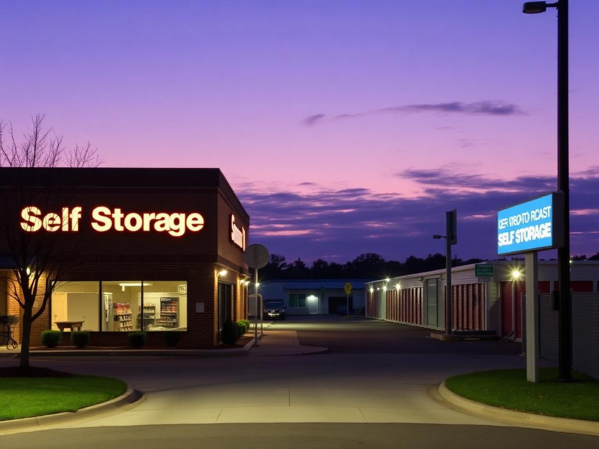 Self-storage facility at twilight with illuminated signage