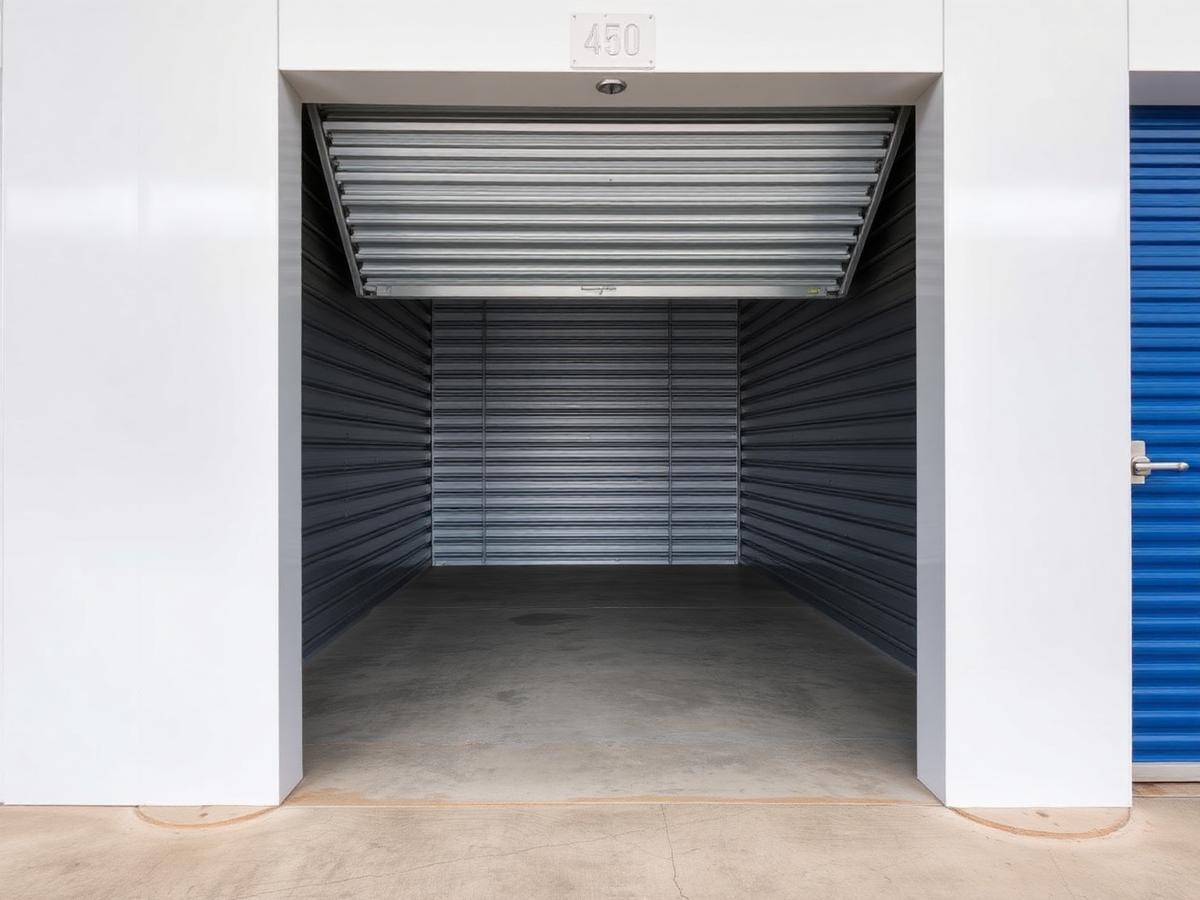 Empty self-storage unit with roll-up door raised