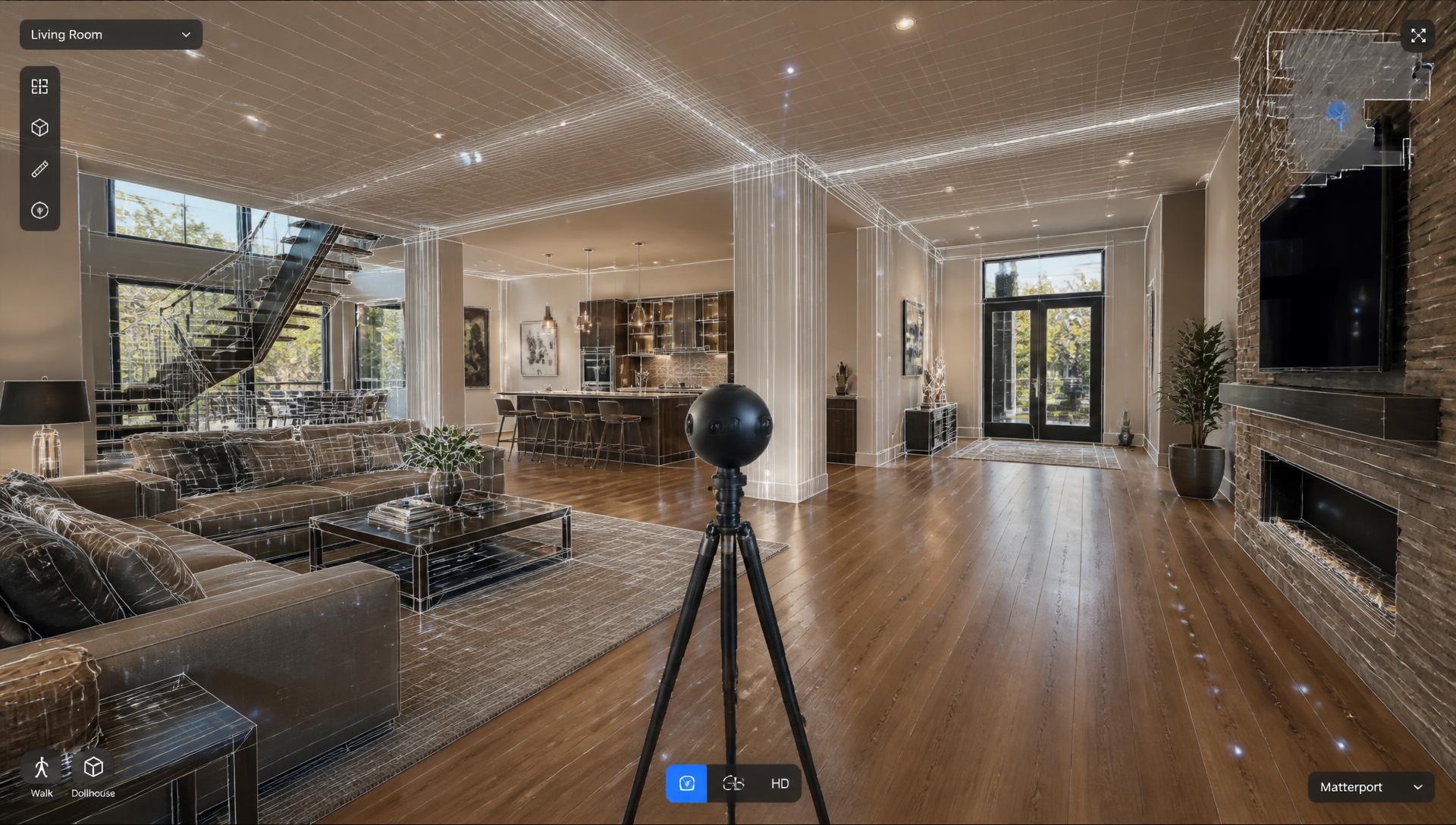 3D virtual tour scan of a modern living room with 360 camera