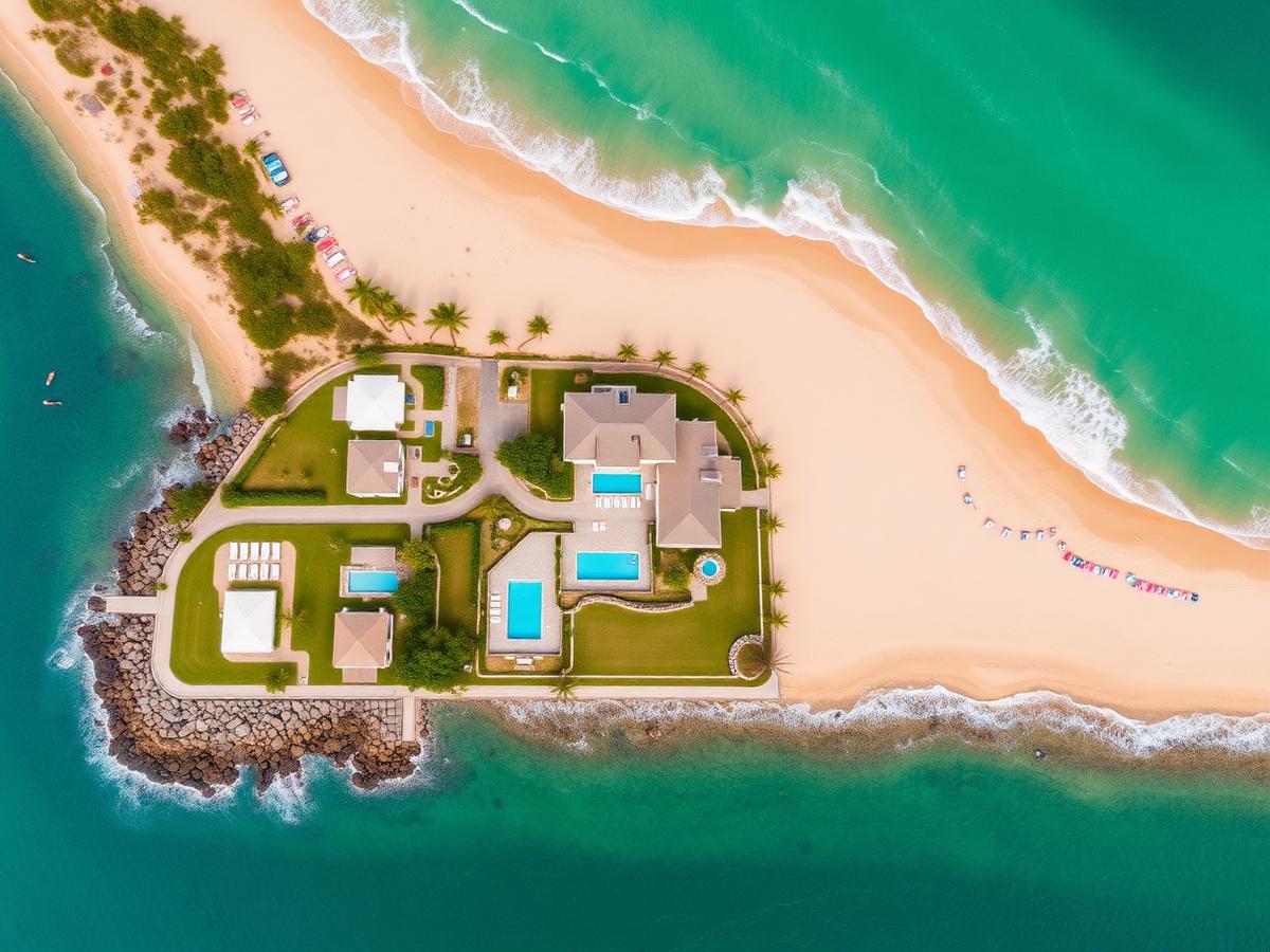 Aerial view of a beachfront vacation rental neighborhood