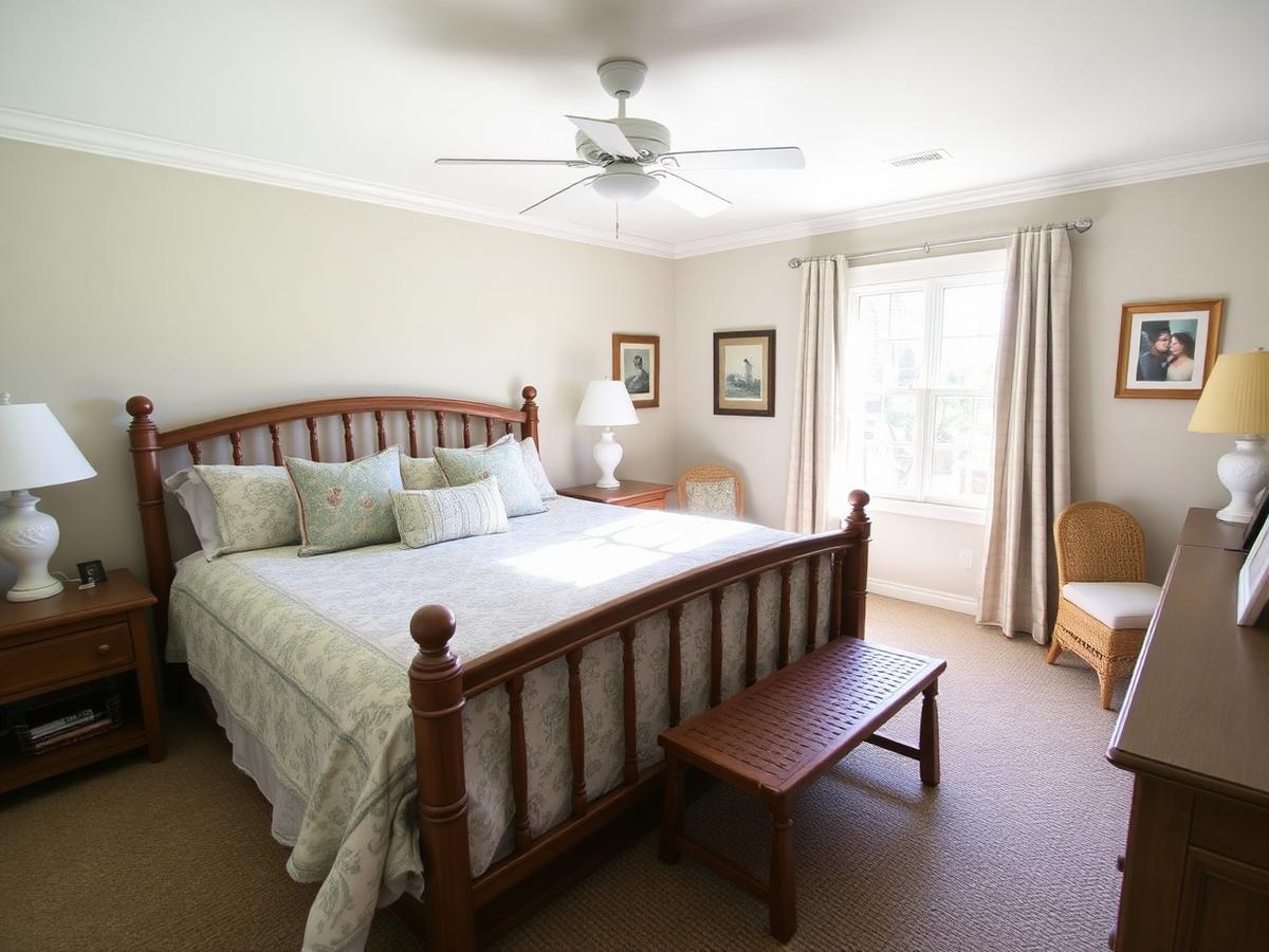 Vacation rental bedroom with king bed and coastal styling