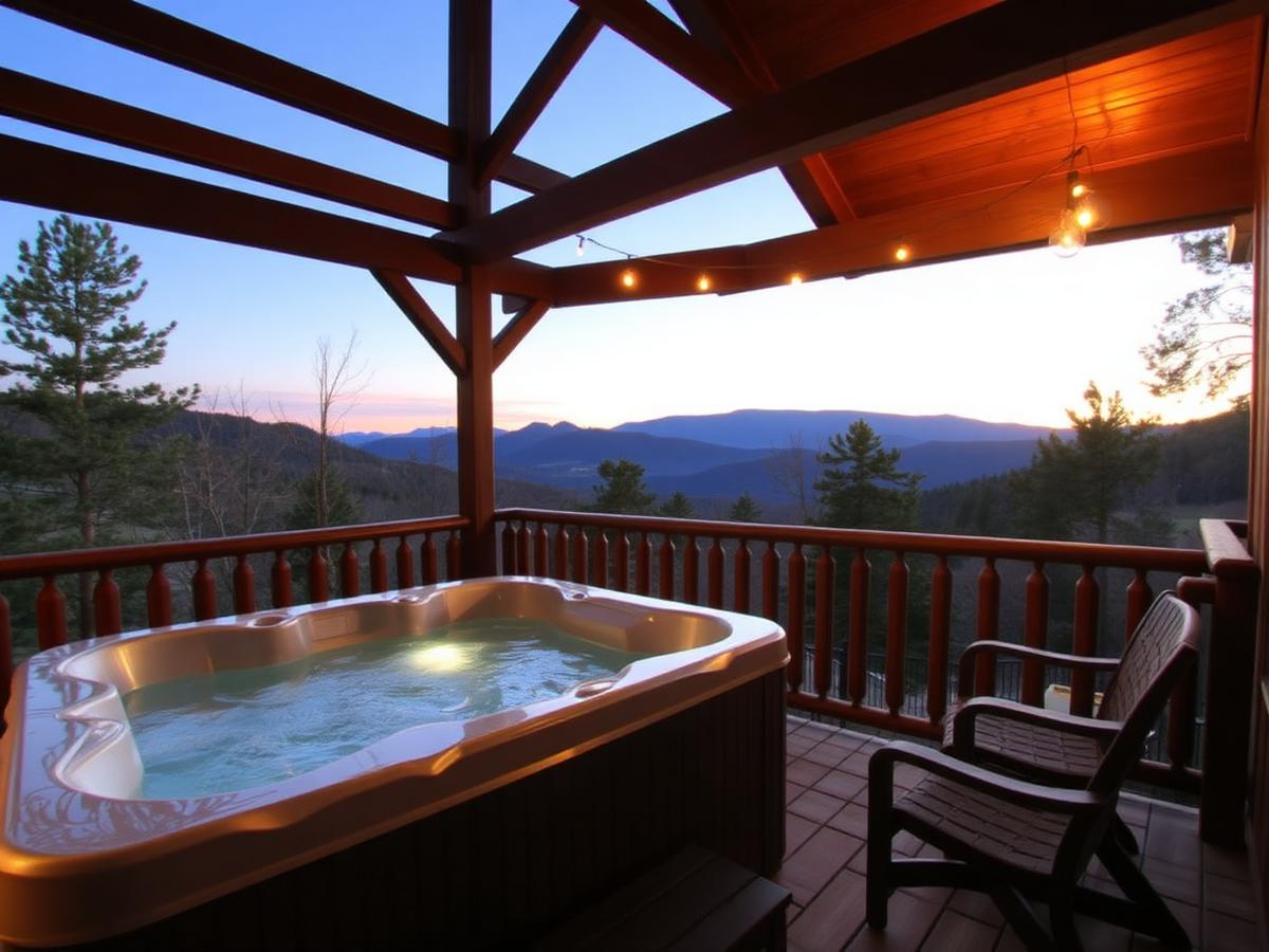 Vacation rental deck with hot tub and mountain view at dusk
