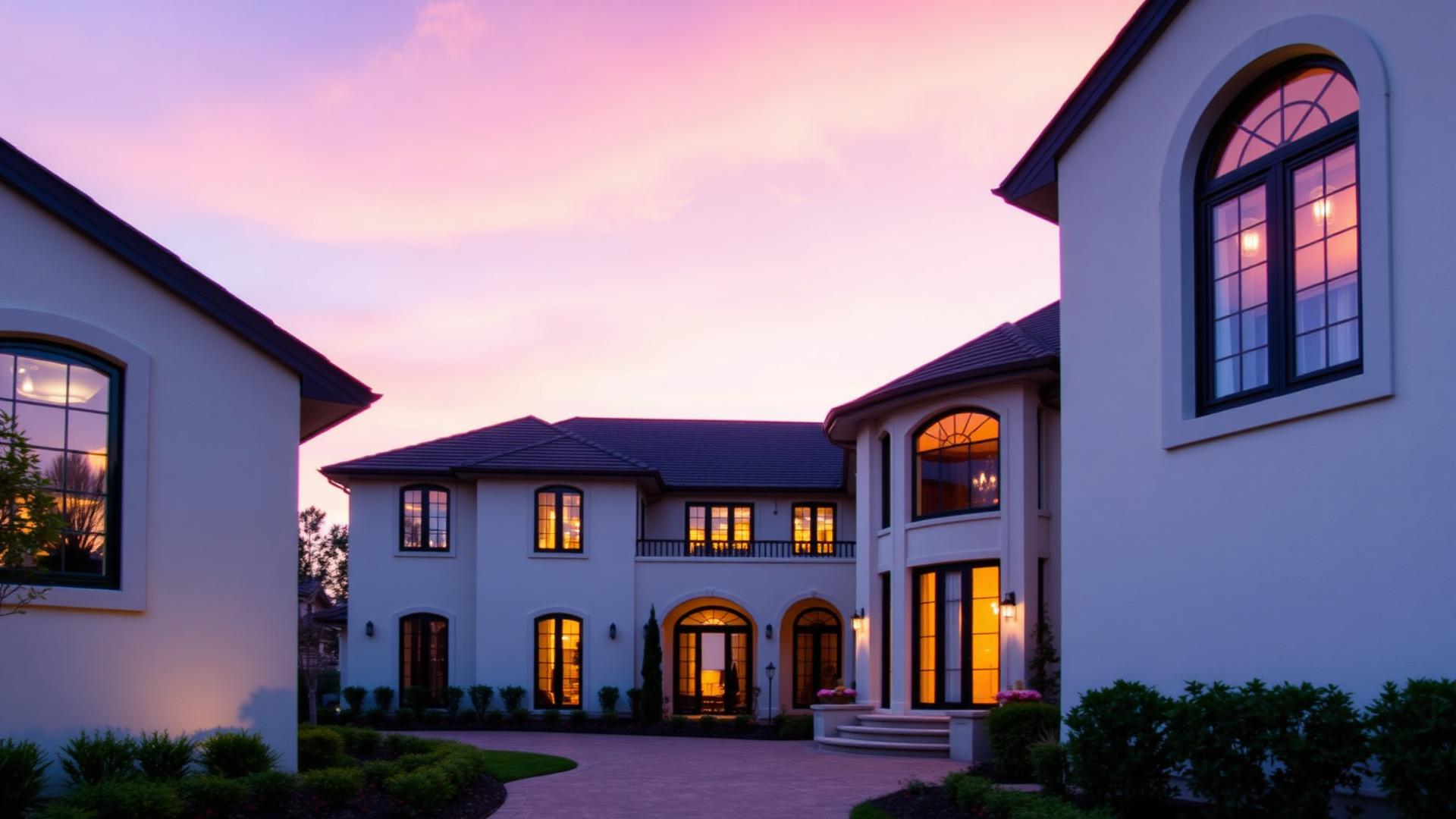 Luxury home exterior with virtual twilight dusk sky
